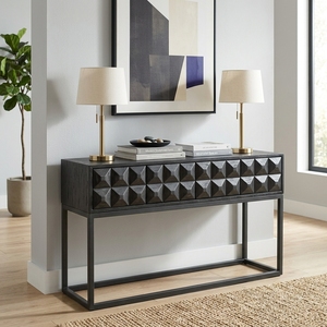 Dice <b>Console</b> <b>Black</b> Modern Wooden Entryway Table Featuring Geometric Diamond Pattern Carved Facade And Sleek Metal Frame Base - Product Image 3