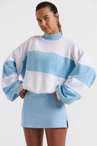 Sweat-shirt à col montant pour femme, coupe ample, épaules tombantes, color block bleu clair et blanc, en molleton - Product Image 6
