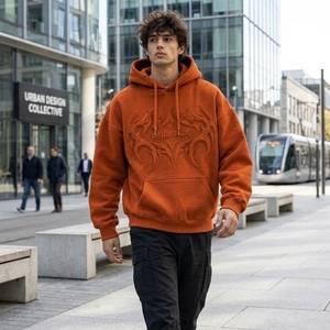 <b>Men's</b> <b>Orange</b> Oversized Embossed Hoodie Streetwear Pullover <b>Sweatshirt</b> Front Logo Design Wholesale Apparel - Product Image 2