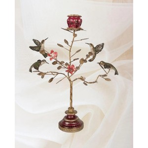 เชิงเทียนทองเหลืองรูปนกฮัมมิงเบิร์ดพร้อมดอกไม้สีแดงและนกตกแต่งบ้าน - Product Image 3