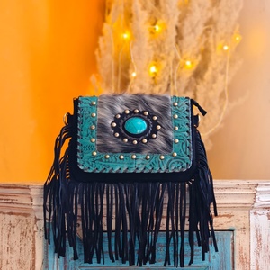 Bolso Bandolera de Cuero Genuino con Flecos, Diseño 2026, Adornado con Piedras Turquesa, Multiusos, Estilo Bohemio - Product Image 3