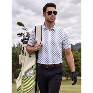 Chemise à manches courtes pour homme, imprimé géométrique blanc, jersey respirant en polyester/coton, style décontracté pour le golf - Product Image 3
