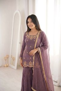 Ensemble élégant Sharara Palazzo pour femmes, travail de diamants Zarkan, soie Fendy brodée, tenue de soirée, ensemble de mariage - Product Image 6