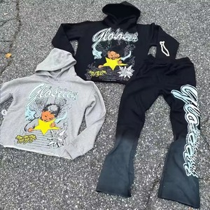 Ensembles de survêtements épais personnalisés en polyester/coton délavé à l'acide, écologiques, pour sweats à capuche zippés et pantalons de jogging évasés - Product Image 3