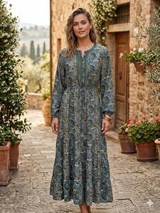 Vestido Maxi Bohemio Natural Y2K de Talla Única, Tejido en India, de Seda, Corte A, para Uso Diario, Dulce, Veraniego, con Cuello Redondo, Manga Larga, Volantes, Sexy - Product Image 2