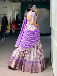 Dola Chex Floral Printed with Zari Weaving Work Wrinkle Free Stretchable Diwali Lehenga Choli - Product Image 6