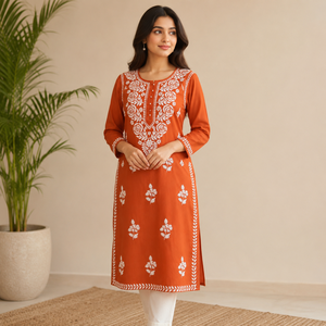 Kurti indien exclusif en georgette Chikankari – Robe longue ethnique orange brodée de fleurs pour femmes, tenue de fête - Product Image 1