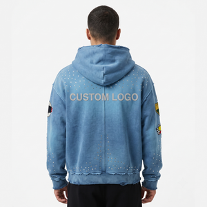 Sweat à capuche vintage délavé avec fermeture éclair ornée de strass, en molleton de coton épais 400 GSM, style Y2K vieilli, streetwear, mode urbaine homme, personnalisable OEM - Product Image 2