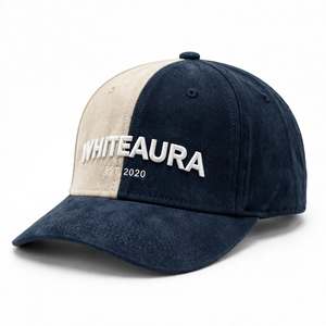 Whiteaura 6-Panel Snapback Cap Beige <b>Navy</b> Color Block 3D Embroidered Logo Unisex Adjustable Casual Street Style Velour <b>Hat</b> - Product Image 2