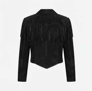 <b>Black</b> Suede Fringed Blazer Full Sleeve Spread Collar Women's Jacket Autumn Solid Color Short Length - Product Image 2