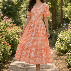 Robe maxi prête-à-porter en mousseline de soie bleu ciel avec imprimé gingham pour les occasions spéciales - Product Image 1