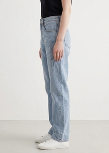 Jeans de Mezclilla Lavados con Efecto Desgastado, Corte Recto, Cintura Alta, Ligeros, con Logotipo Grabado en la Parte Delantera, Estilo Casual de Verano - Product Image 3