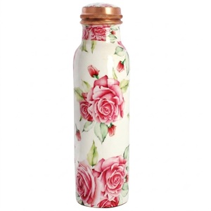 Handmade Pure <b>Copper</b> Water <b>Bottle</b> Leak-Proof Ayurvedic Health Benefits Yoga Flask Printed Designer Teal Art Deco <b>Copper</b> Vessel - Product Image 4