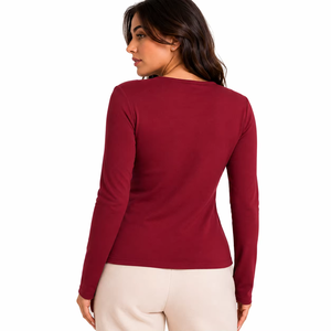 Trendy Oversized Spandex V-Neck Sweatshirts With Heavyweight Long Sleeve Pullover Cotton <b>Burgundy</b> Tee For women Hoodies USA - Product Image 3