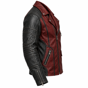 Blouson de motard en cuir véritable bicolore rouge et noir pour homme, style streetwear, vente en gros - Product Image 3