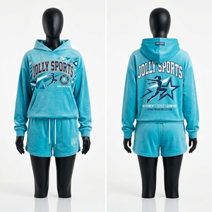 Ensemble de survêtement en molleton de coton et polyester de luxe pour femme, motif graphique, impression en relief personnalisée, ensemble de survêtement pour femme - Product Image 5