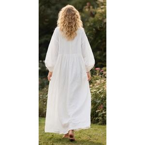 Women White Cotton Maxi <b>Dress</b> Round Neck <b>Long</b> Sleeve Loose Fit Flowy <b>Boho</b> Style <b>Dress</b> - Product Image 2