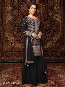 Ensemble Salwar traditionnel noir brodé avec dupatta, coupe ample longue jusqu'au sol, tenue indienne et pakistanaise pour femme - Product Image 2