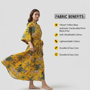 ชุดกิโมโนผ้าฝ้ายพิมพ์ลายป่าสีเหลืองสำหรับผู้หญิง คอวี แขนยาว ความยาวเต็มตัว มีกระเป๋าหน้า 2 ช่อง พร้อมเชือกผูกเอว ชุดนอนลำลอง - Product Image 3
