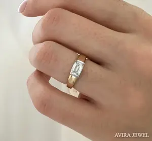 Moissanite Engagement <b>Ring</b> 1 CT <b>Emerald</b> Cut VVS1 VS1 Clarity Solid Gold White Yellow Rose Gold Women's Wedding Bridal Jewelry - Product Image 1