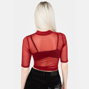 Wholesale Women's Fashion Wear 100% Polyester Mesh <b>Tops</b> Women Shorts Sleeves <b>Mock</b> <b>Neck</b> Cropped Slim Fit Mesh T Shirts - Product Image 2