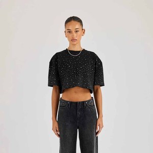 <b>Women's</b> <b>Black</b> Dot Print <b>Crop</b> <b>Top</b> Crew Neck Short Sleeve Loose Fit Casual Jersey T-Shirt With Rhinestone Decoration Spring Summer - Product Image 2