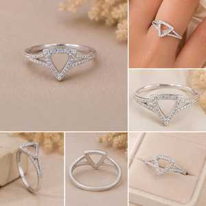 Montura de Anillo de Plata de Ley 925 para Gema de Corte Trillón 10x10mm, con Halo Pavé Triangular de 3 Puntas, Bisel en Blanco para Fabricación de Joyas - Product Image 3
