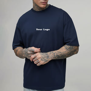 T-shirt en coton bleu marine surdimensionné pour homme, manches courtes, col rond, couleur unie, logo imprimé sur le devant, jersey tricoté, coupe ajustée - Product Image 1