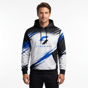 เสื้อฮู้ดผู้ชาย Storm Fit พิมพ์ลายแบบ Sublimation สไตล์สปอร์ต สตรีทแวร์ สีดำ น้ำเงิน ขาว ทรงปกติ ใส่ได้ในฤดูหนาว ระบายอากาศได้ดี - Product Image 2
