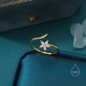 Bague ouverte CZ Fleur en argent sterling, argentée ou dorée, ajustable, motif mignonnet, minimaliste, avec zircon cubique - Product Image 5