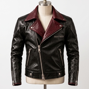 Blouson Biker Homme Noir Bordeaux Effet Cuir Col Large Contrastant Fermeture Éclair Coupe Slim Personnalisable OEM ODM Vente en Gros - Product Image 3
