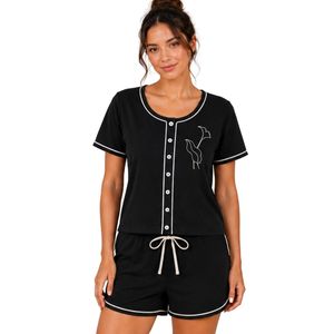 Black And White Women Two Piece Shorts Set Round Neck Button <b>Top</b> Minimal Flower Embroidery Casual Summer Cotton Lounge Wear - Product Image 1