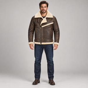 <b>Men</b>’s Brown Aviator <b>Shearling</b> Leather <b>Jacket</b> with Warm Fur Lining, Adjustable Buckles and Utility Pockets - Product Image 3