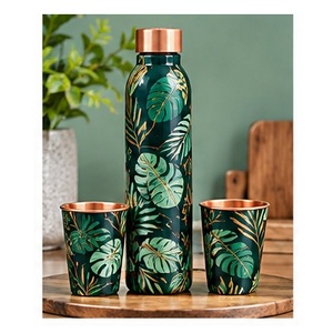 Botella de agua de cobre con diseño de pájaro relojero y dos tazas a juego, juego de recipientes portátiles para viaje - Product Image 3