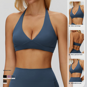 Latest Women Deep V <b>Neck</b> <b>Halter</b> Sports <b>Bra</b> Medium Support Yoga Top Solid Color Spandex Polyester Fitness Sports <b>Bra</b> - Product Image 5