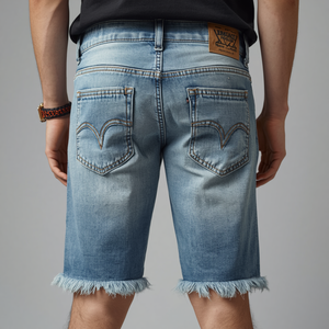 Shorts en jean vintage pour homme de qualité supérieure avec détails délavés, poches brodées et style streetwear contemporain - Product Image 5