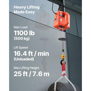Polipasto Eléctrico Portátil de 1500W con Capacidad de 1100 Libras, Altura de Elevación de 25 pies, Velocidad de 16.4 pies/min, Control Remoto Manual con Cable e Inalámbrico - Product Image 2
