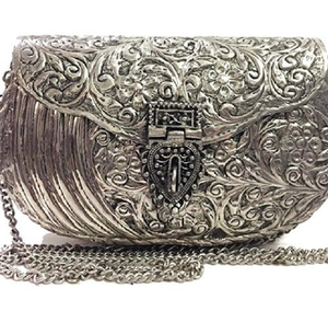 Trapezoidal <b>silver</b> brass hand <b>clutch</b> featuring a scalloped flap, textured geometric lower panel, leaf border,at wholesale prices - Product Image 6