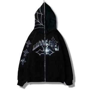 Sweat à capuche zippé intégral en tricot pour homme, 100 % coton épais, avec strass, logo personnalisé, sans cordon, coupe classique, motif tête de mort en strass - Product Image 2
