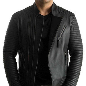 Veste en cuir d'agneau véritable pour homme, coupe ajustée, style motard, matelassée, manches rembourrées, col montant, noire, décontractée - Product Image 1