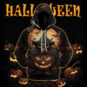 Premium Cotton Blend All-Saints' Eve Skull Witch <b>Hoodie</b> Scary Pumpkin <b>Ghost</b> Sublimation Printed Design Hooded Sweatshirt For Men - Product Image 4