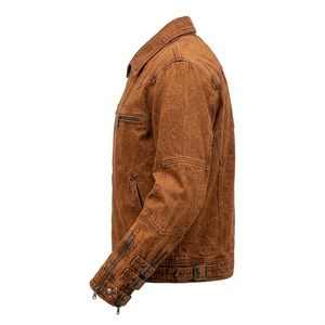 Chaqueta de lona lavada marrón para hombre, estilo motero, con cremallera desviada, puños de doble hebilla, efecto vintage desgastado, abrigo de motociclista. - Product Image 4