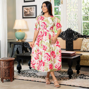 Robe midi élégante et chic décontractée en coton 100% à imprimé floral pour femmes, vacances d'été - Product Image 1