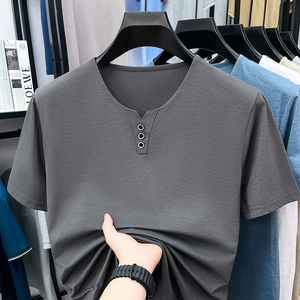 Men's <b>Black</b> V-Neck Short Sleeve Cotton <b>T</b>-<b>Shirt</b> Regular Fit Casual Solid Color Breathable Knitted <b>Plain</b> Design - Product Image 5