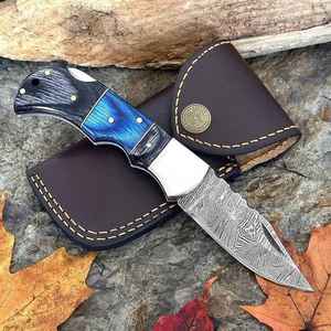 Cuchillos de supervivencia plegables de acero de Damasco hechos a mano y personalizados por OEM, para acampar al aire libre, con mango de madera y funda. - Product Image 6