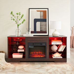Customizable Modern TV <b>Stand</b> Electric Fireplace 3D LED Lights Glass <b>Shelves</b> Wood USB Charging Outlet Contemporary Television - Product Image 3