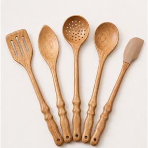 Ensemble de cuillères de cuisine en bois avec logo personnalisé, spatules en bois en gros avec manche long en rotin, ustensiles de cuisine - Product Image 5