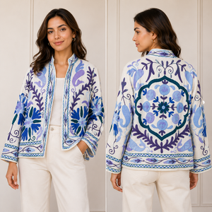 Floral Embroidered Knitted Breathable Cotton Bomber <b>Jacket</b> Mandarin Collar Full Sleeve Spring Boho Chic Women's - Product Image 2