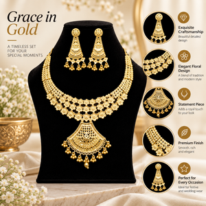 Graceful Floral Statement Necklace <b>Set</b> | 24K Gold Polish Copper Brass <b>Jewelry</b> | Traditional <b>Bridal</b> Wedding Pendant Earrings <b>Set</b> - Product Image 5