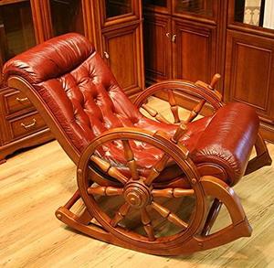 Fauteuil à bascule traditionnel en bois avec dossier capitonné en cuir véritable et roulettes pour salon - Product Image 1